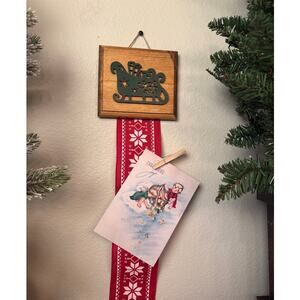 Holiday Card Holder Wooden Topper Green Christmas Tree Red Plaid Wide Ribbon